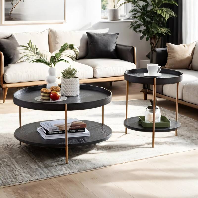 2-Piece 2 tier Round Coffee Table Set,Easy Assembly Nesting End Tables