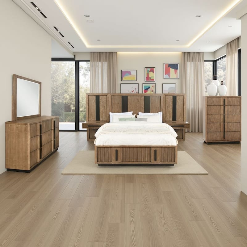 Reon 6pc Queen Storage Bedroom Set, Black, Ash Brown Fluted Wall Panel