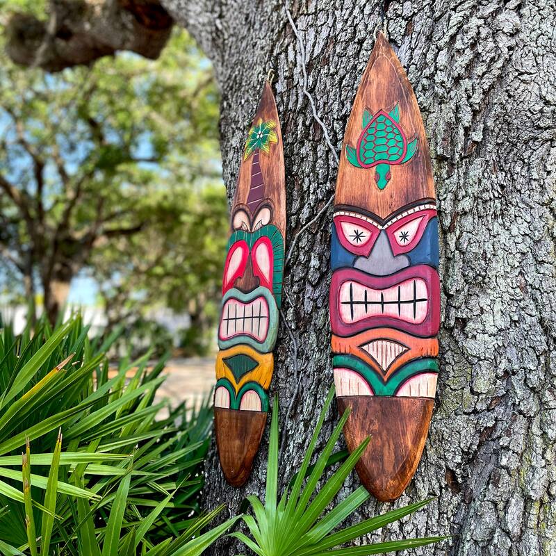 Set Of 2 Tiki Surfboard Wall Decor 39" Sea Turtle Palm Tree