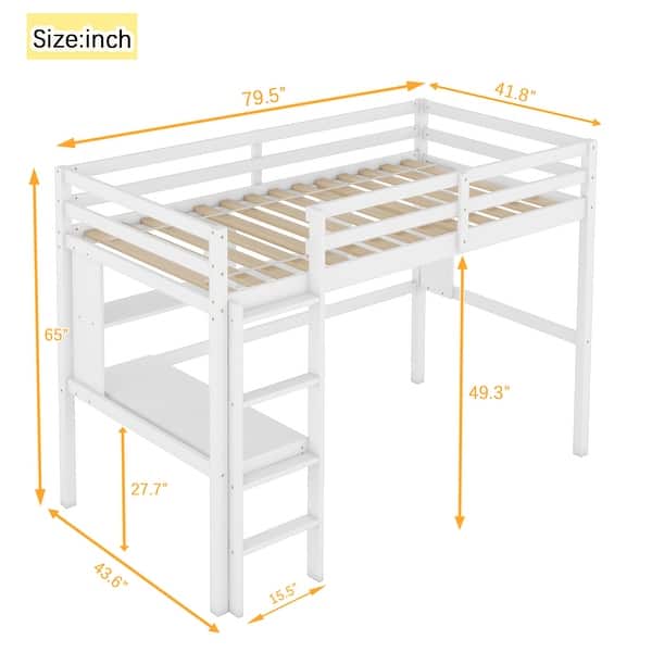dimension image slide 1 of 2, Twin Size Loft Bed Frame with Built-in Desk and Bookcase, Wooden Loft Bed with Guardrails and Ladder for Kids, Teens