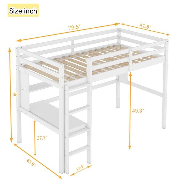 White Twin Size Wood Loft Bed with desk and shelves, Safety Guardrail and ladder