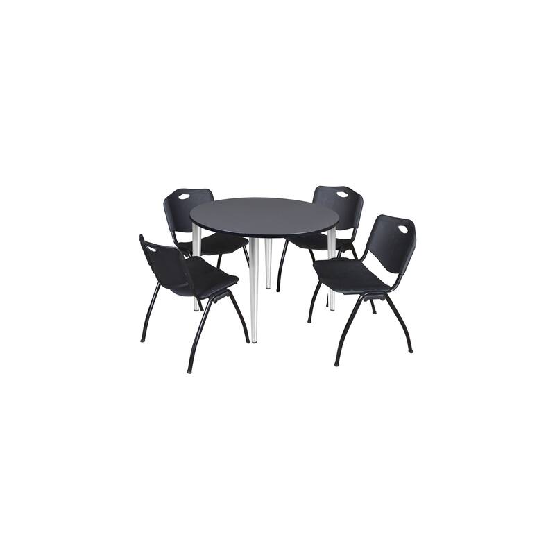 48 in. Round Breakroom Table- Grey Top, Chrome Base & 4 M Stack Chairs- Black
