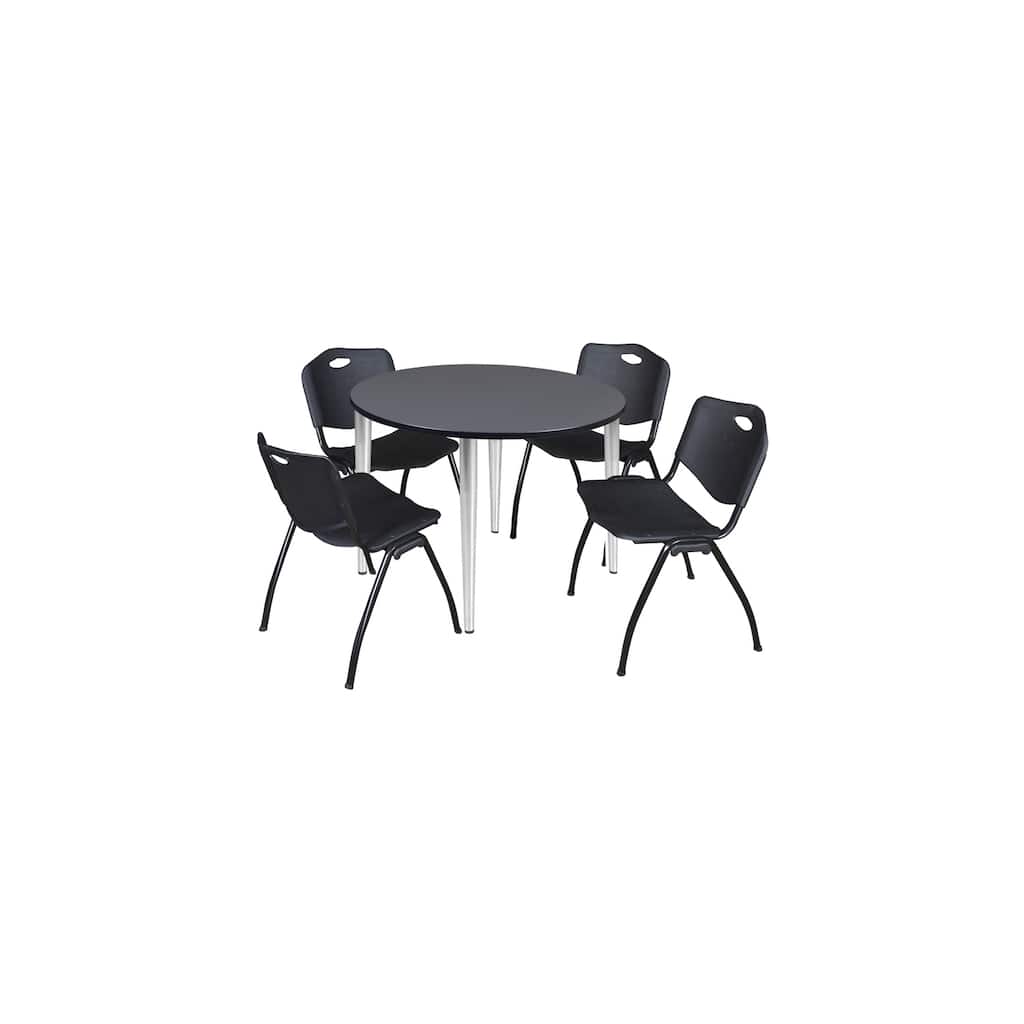 48 in. Round Breakroom Table- Grey Top, Chrome Base & 4 M Stack Chairs- Black
