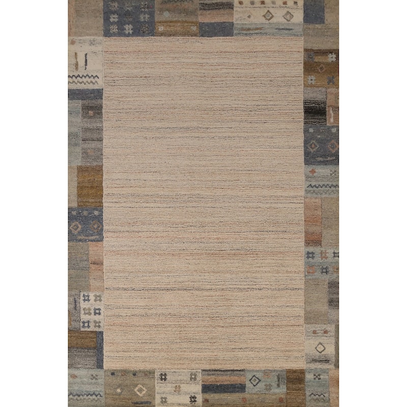 Geometric Gabbeh Indian Area Rug Handmade Beige Wool Carpet - 5'3" x 7'7"