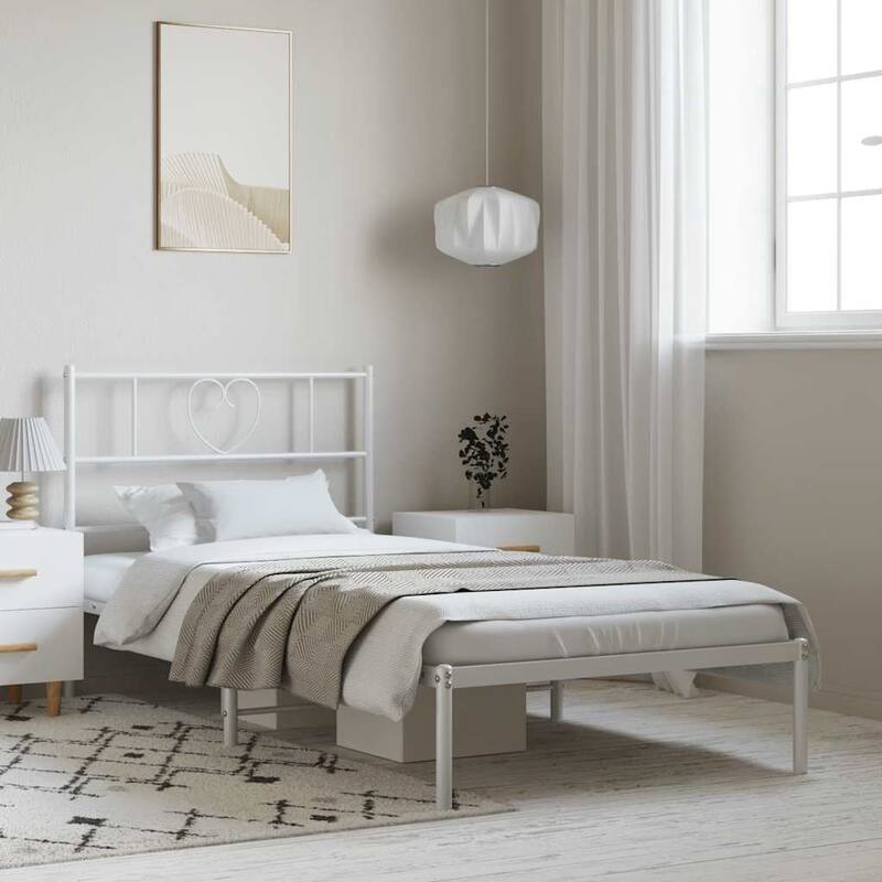 vidaXL Twin Metal Bed Frame with Headboard, White, No Mattress - 77.2" x 41.3" x 35.4"