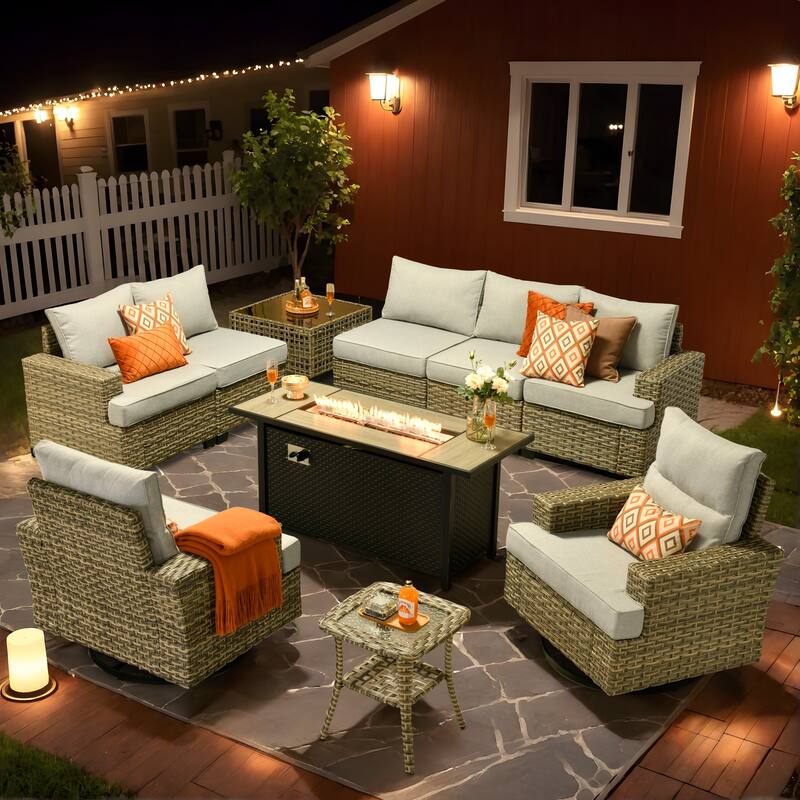 HOOOWOOO 10-piece Rattan Wicker Patio Outdoor Furniture Fire Pit Set with Swivel Rocking Chairs - Grey