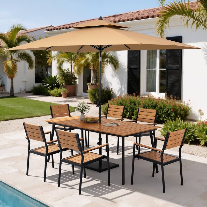 9PC Outdoor Patio Dining Set Wood-Like Aluminum Umbrella Hole Table with Stackable Armchairs,Double Top Market Umbrella and Base - BrownTable&BrwonChairs&TanUmbrella