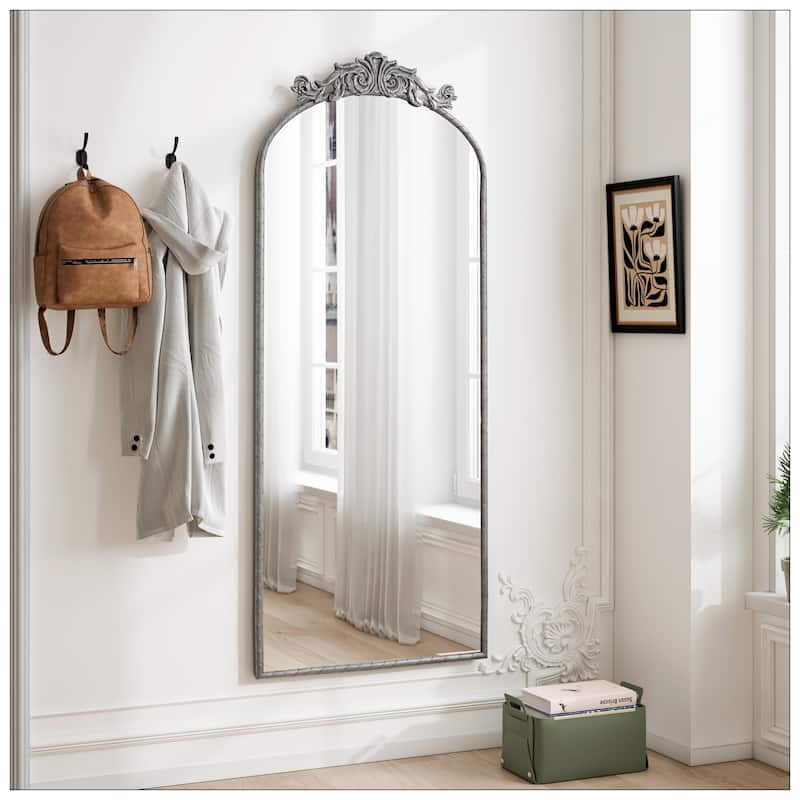 58"x24" Arched Full Body Mirror with Vintage Ornate Carved Applique