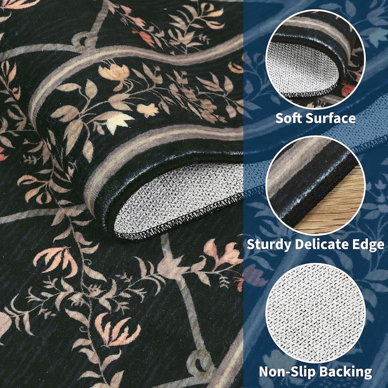 Floral Neutral Washable Hallway Low Pile Area Rug for Bedroom, Living Room, Black - 2' x 3'