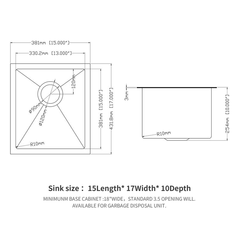 Kitchen Sink Undermount Singel Bowl Kitchen basin 16 Gauge Stainless Steel with 10 Inch Deep