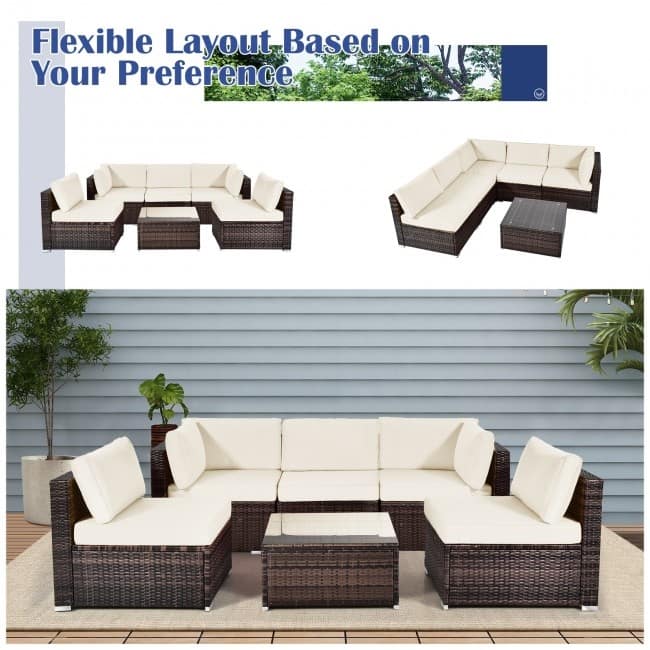 6 Pieces Patio Rattan Furniture Set with Cushions and Glass Coffee Table