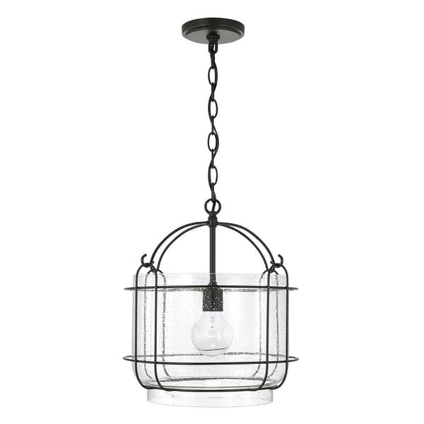 slide 2 of 4, Harmon 14.25" 1-light Matte Black Pendant w/ Clear Seeded Glass & Outer Cage