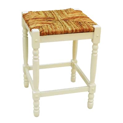 24" Antique White and Beige Counter Stool with Hand Woven Rush Seat