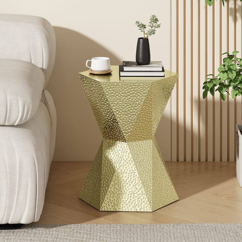 Modern Geometric Metal Accent Table, Hexagonal Hammered Side Table, Gold Textured Indoor Outdoor End Table