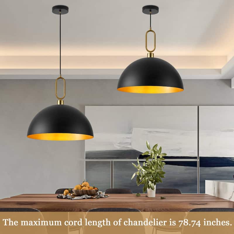 1-Light Industrial Metal Dome Pendant with Golden Ring Accent