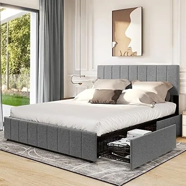 King Size Bed Frame Upholstered Storage Drawer Adjustable Headboard Grey