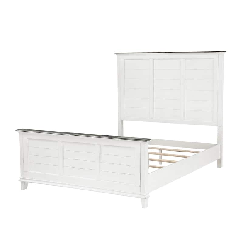 Woki Queen Size Bed, Solid Wood Panel Design, Farmhouse White and Brown