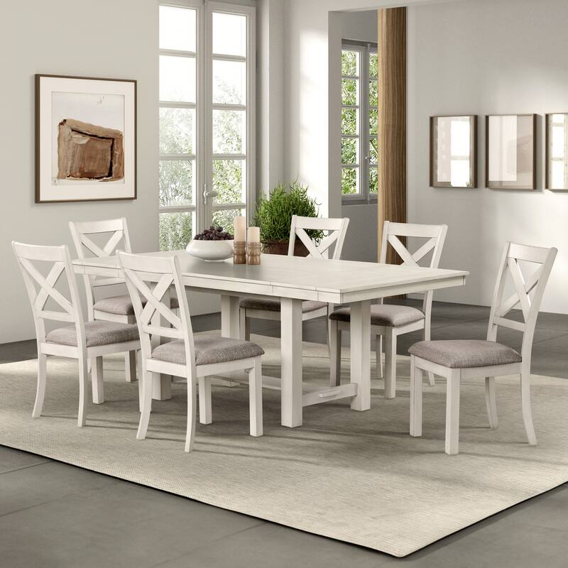 Furniture of America Hesnly Farmhouse Rustic White Oak 7-Piece Wood Extendable Dining Set