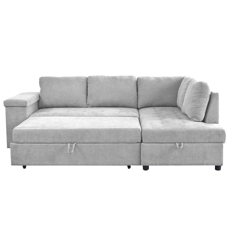 91.5" Polyester L-Shaped Sectional Sofa with Pull-Out Bed, Hidden Storage and Wide Storage Armrests