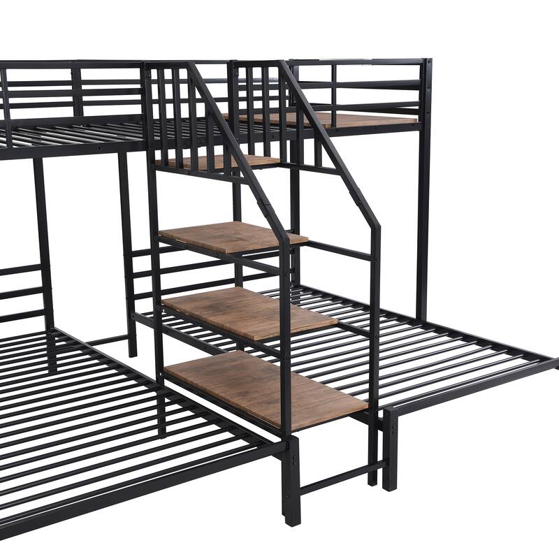 Metal Triple Twin Bunk Bed with Staircase Storage and Guardrails, Space-Saving Design