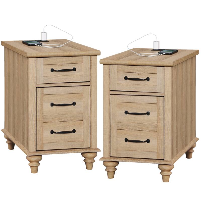 WAMPAT Modern End Table with Charging Station, Sofa Side Table with Storage - 2 PACK - Oak
