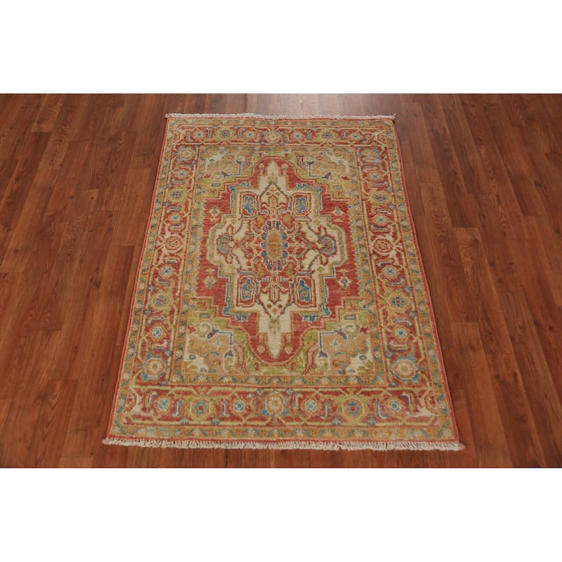 Vegetable Dye Heriz Serapi Rug Hand-Knotted Orange Wool Carpet - 2'10"x 4'0"