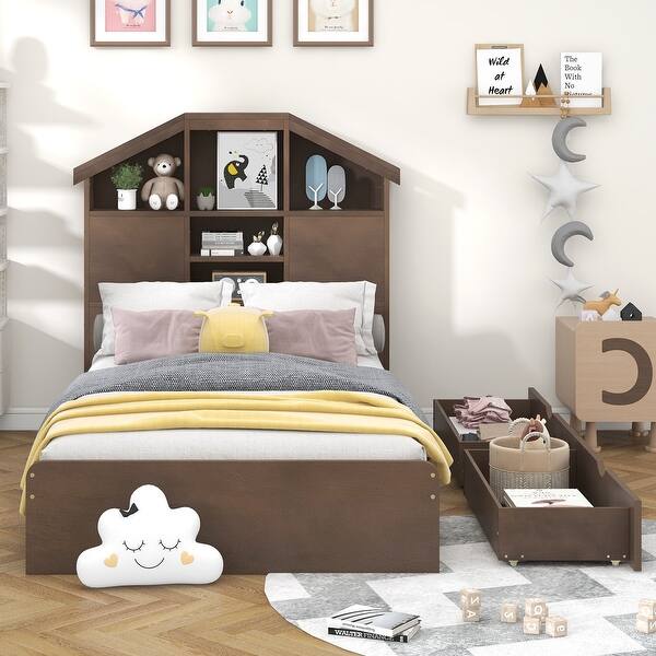 slide 2 of 51, Storage Platform Bed Teens Single Bed Twin or Full Bed Frame with High Headboard and 5 Storage Shelves, Under-bed 2 Drawers Walnut - Twin