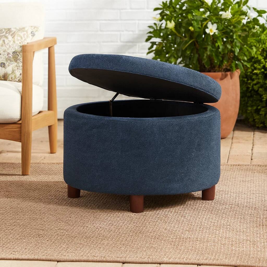 Modern Storage Ottoman, 28 Inch Round Lift Top, Navy Blue Woven Fabric
