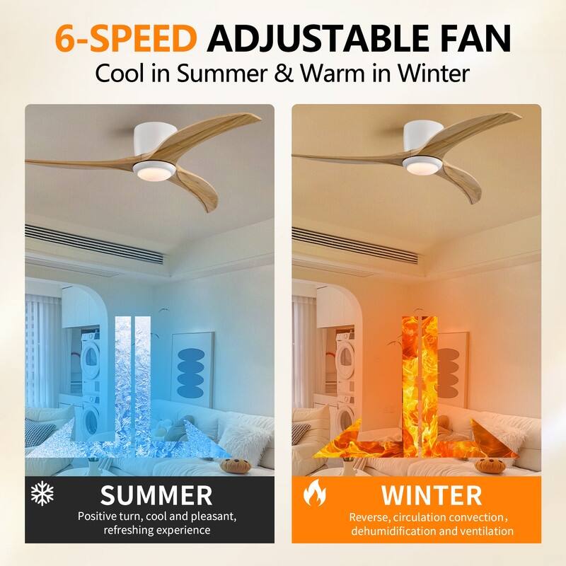 Modern 52" Ceiling Fan with Light & Remote, Matte White - Silent Reversible Motor, 6-Speed, Solid Wood Blades for Indoor Rooms