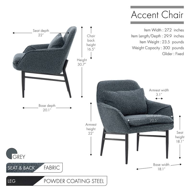 Porthos Home Hali Fabric Upholstered Accent Chair with Pillow, Steel Legs