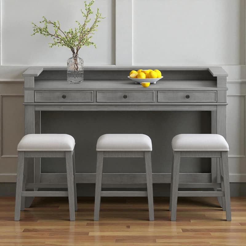 4-Piece Bar Table Dining Set for 3, 53" High Table with 3 Storage Drawers, USB Ports & 3 Upholstered Stools