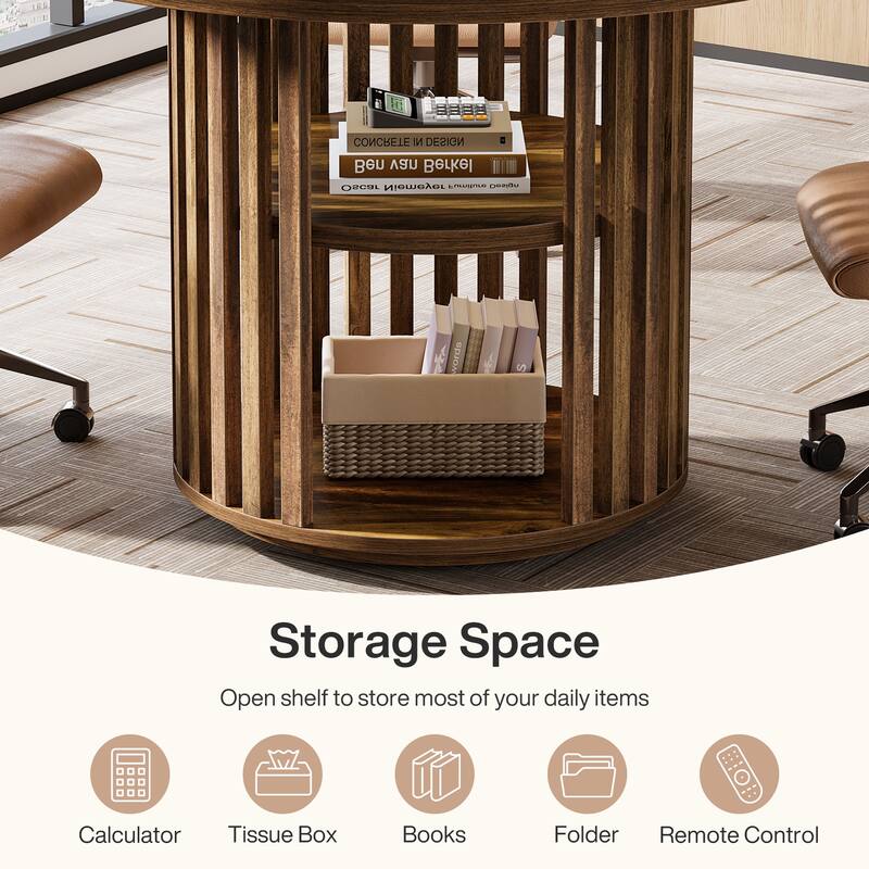47 Inch Round Conference Table with Storage and Solid Wood Base - 47.24" D x 47.24" W x 29.53" H