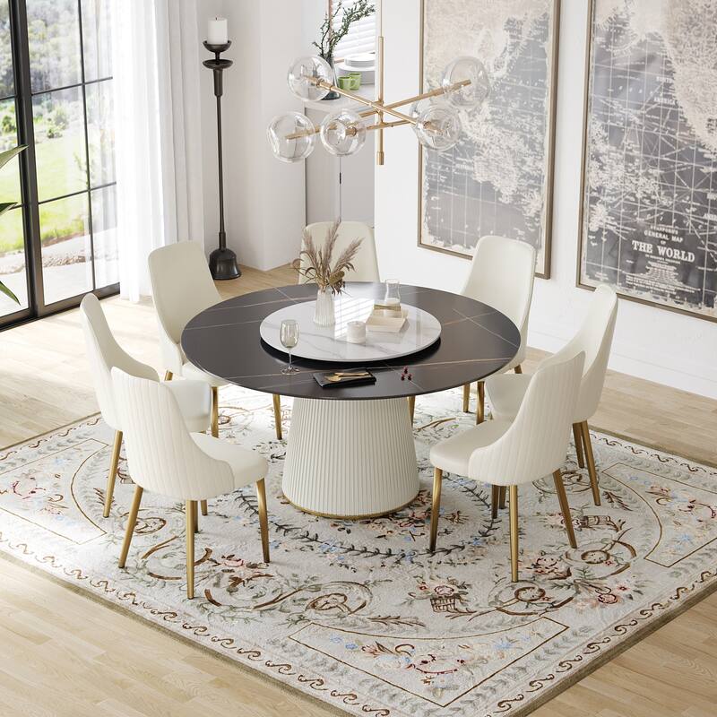 59'' Modern Round Dining Table for 8, Black Sintered Stone Tabletop with Lazy Susan
