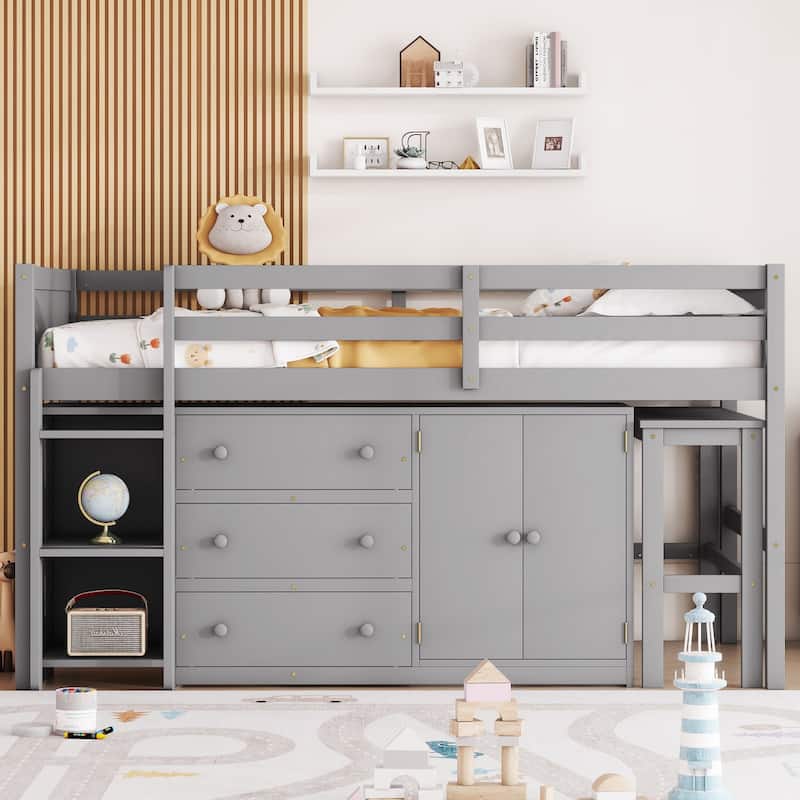 Twin Size Wood Low Loft Bed with Pull-Out Desk