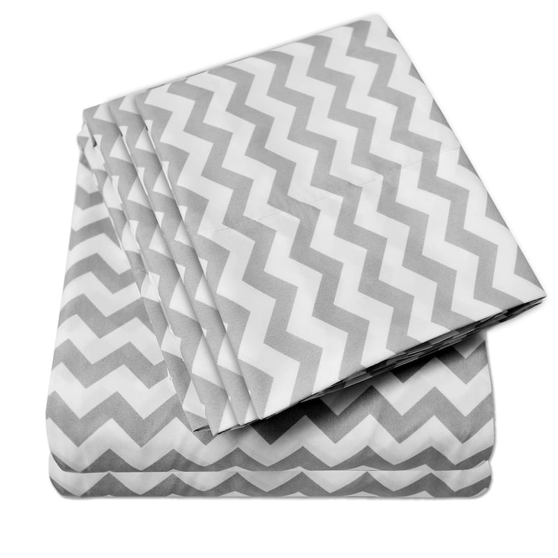 6 Piece Chevron Stripe Print Bedroom Bed Sheet Set- Grey