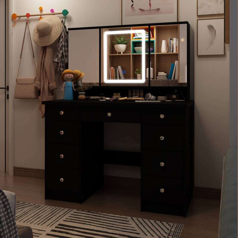Vanity Desk with Mirror and Lights, Large Makeup Vanity Dressing Table