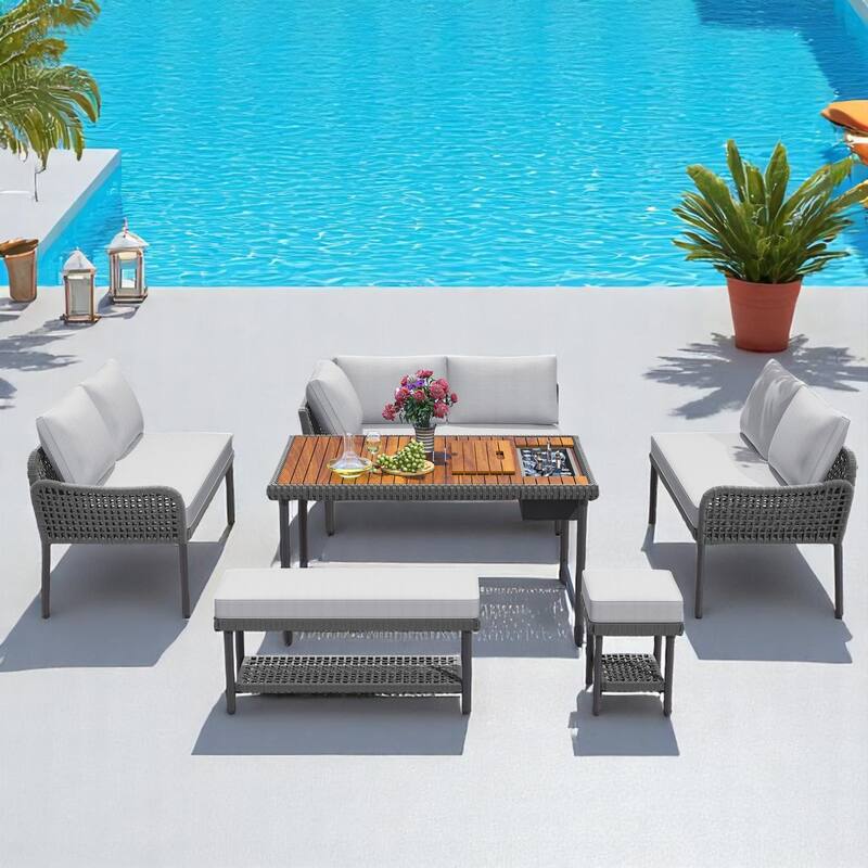 6-Piece Outdoor Modular Patio Furniture Set with Rope Weave Sofas,Table with Ice Box, Thick Cushions, Adjustable Feet - Grey