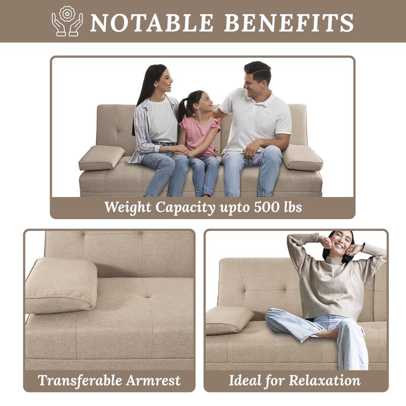 Convertible Futon Sofa Bed with Armrests & Cupholders - Faux Leather Reclining Couch for Small Spaces