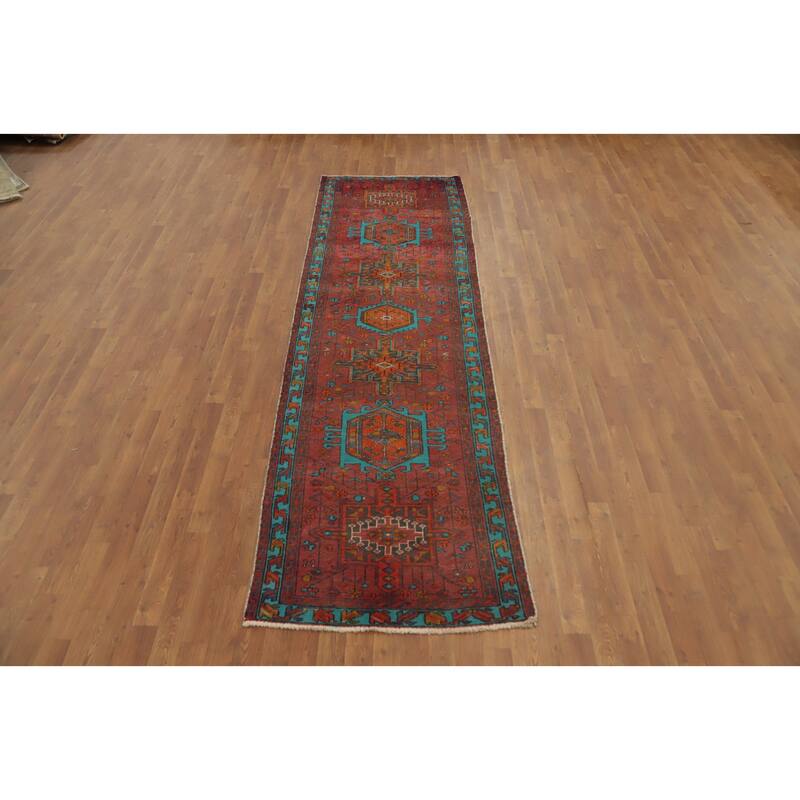 Hand Knotted Oriental 100% Wool Carpet Traditional Geometric Oranges & Rust Heriz Runner Rug - 10' 5'' X 3' 1''