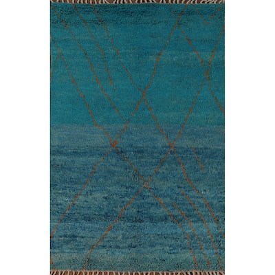 Blue Moroccan Oriental Area Rug Hand-Knotted Trellis Wool Carpet - 5'0" x 8'0"