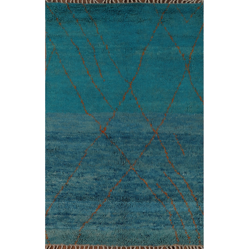 Blue Moroccan Oriental Area Rug Hand-Knotted Trellis Wool Carpet - 5'0" x 8'0"