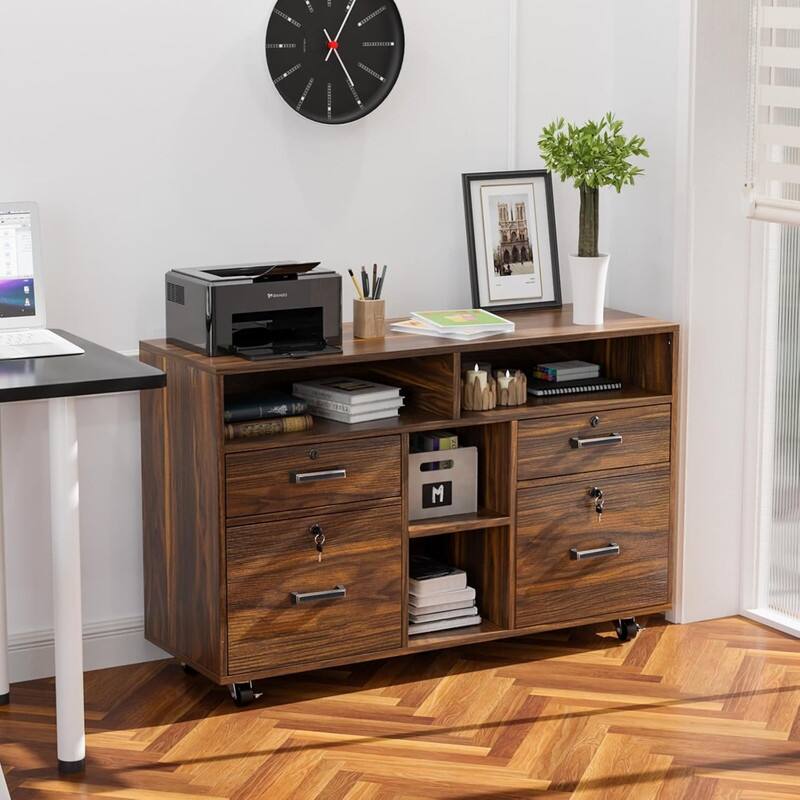 4 Drawer Wood Mobile Lockable Rolling File Cabinet with Shelves