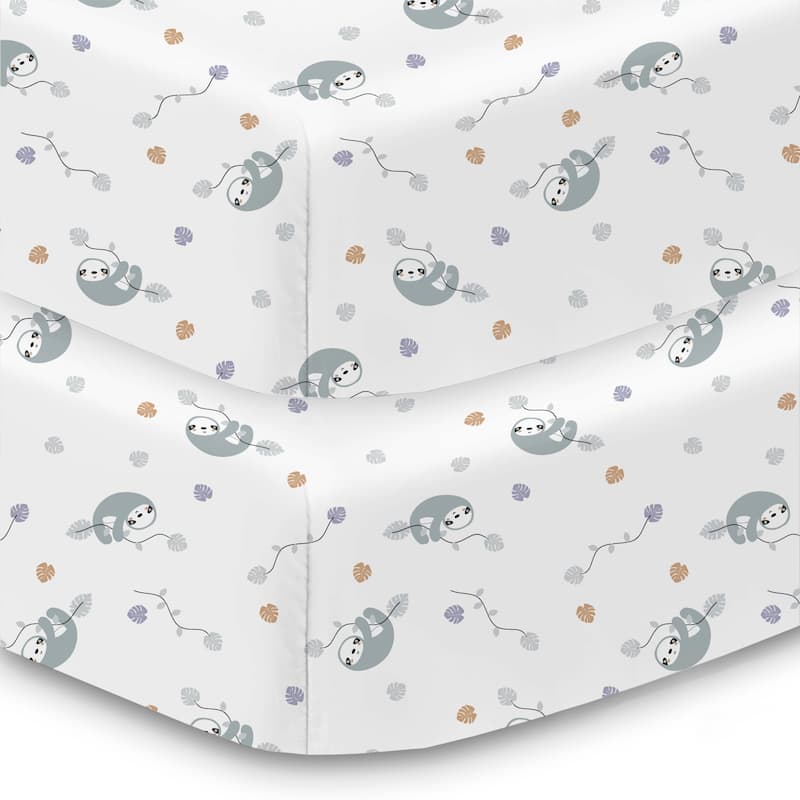 BreathableBaby Cotton Percale Fitted Sheet, For 52" x 28"/132 x 71 cm Crib & Toddler Bed Mattress, Prints (2-Pack) - Sloths