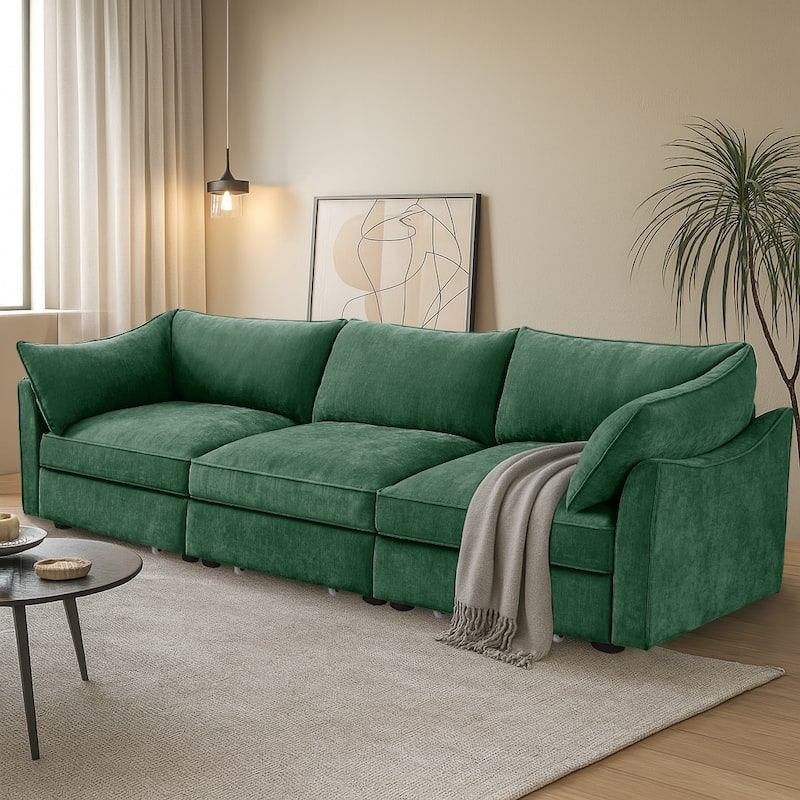 Chenille Fabric Upholstered Three-Seater Sofa with Three Under-Seat Drawers - Green