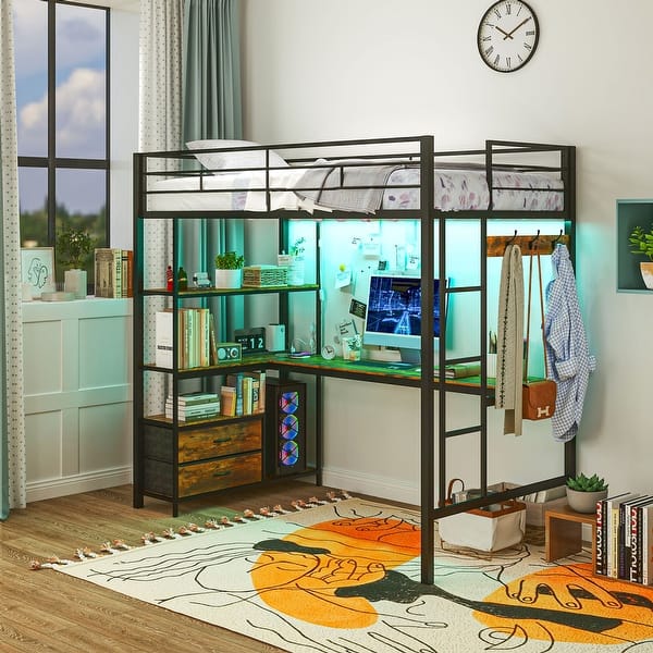 slide 2 of 9, HOMCOM Metal Loft Bed Twin Size with L-Shaped Desk, LED Lights, Charging Station, Twin Loft Bed Frame with Shelves Black - Twin