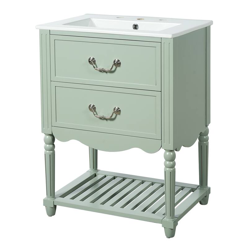 24" Bathroom Vanity with Ceramic Sink, Drawers and an Open Shelf