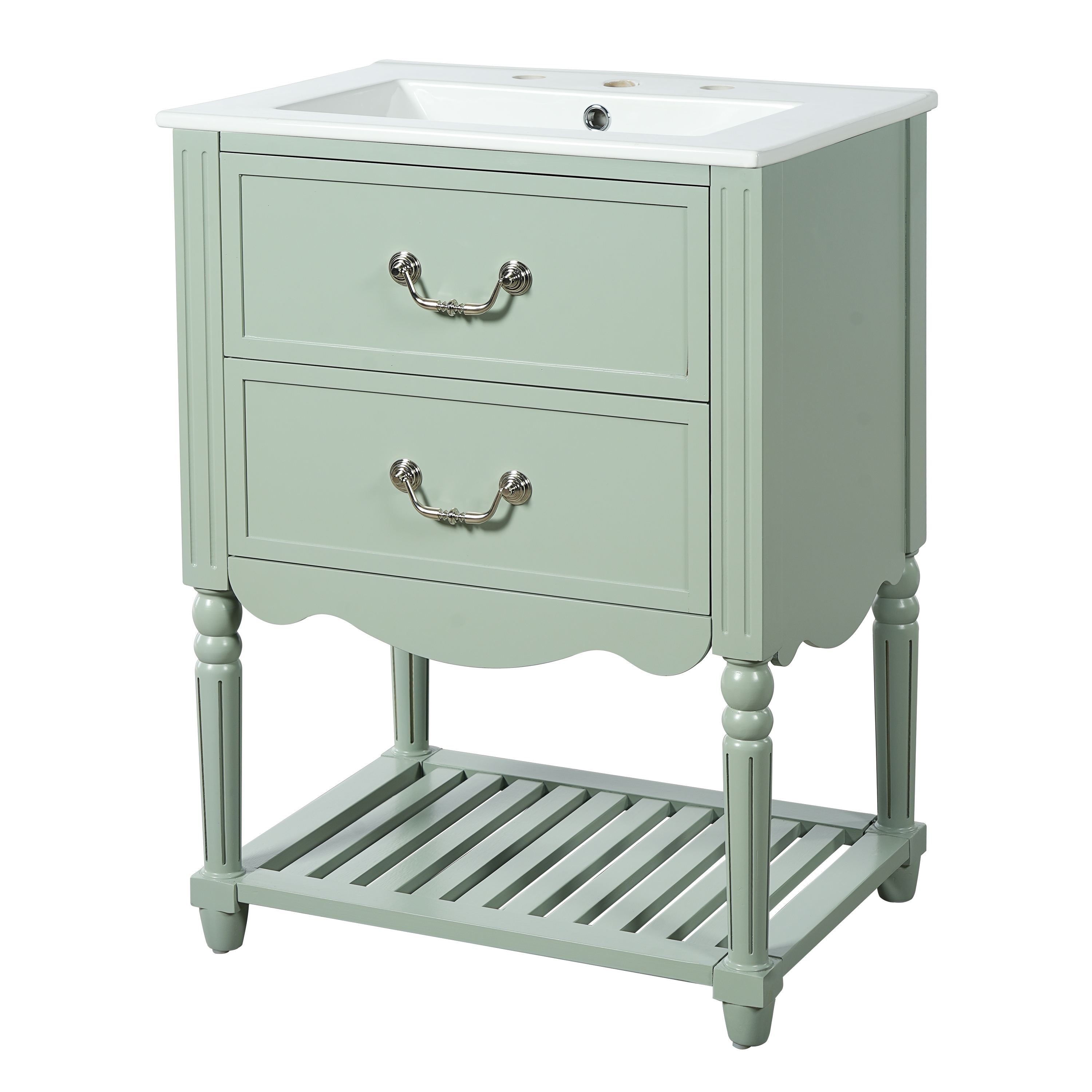 24" Bathroom Vanity with Ceramic Sink, Vintage Wave Design Cabinet with 2 Drawers and Open Shelf