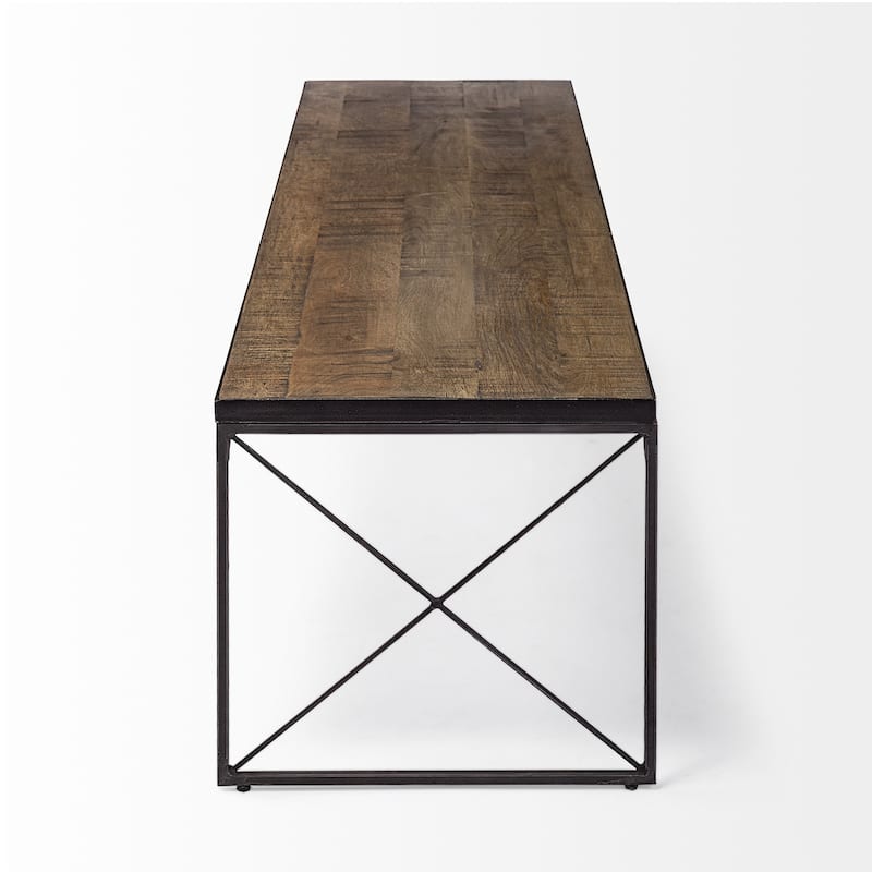 Rectangular Mango Wood Bench with Black Iron Base for Entryway or Hall - 17.75” x 66” x 16.75”