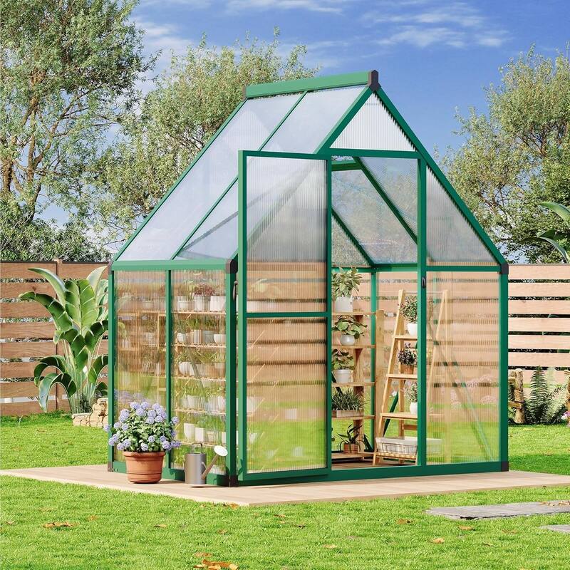 6 x 4 ft Greenhouse, Polycarbonate Walk-in Greenhouse with Aluminum Frame Green - 6*4FT - 6*4FT