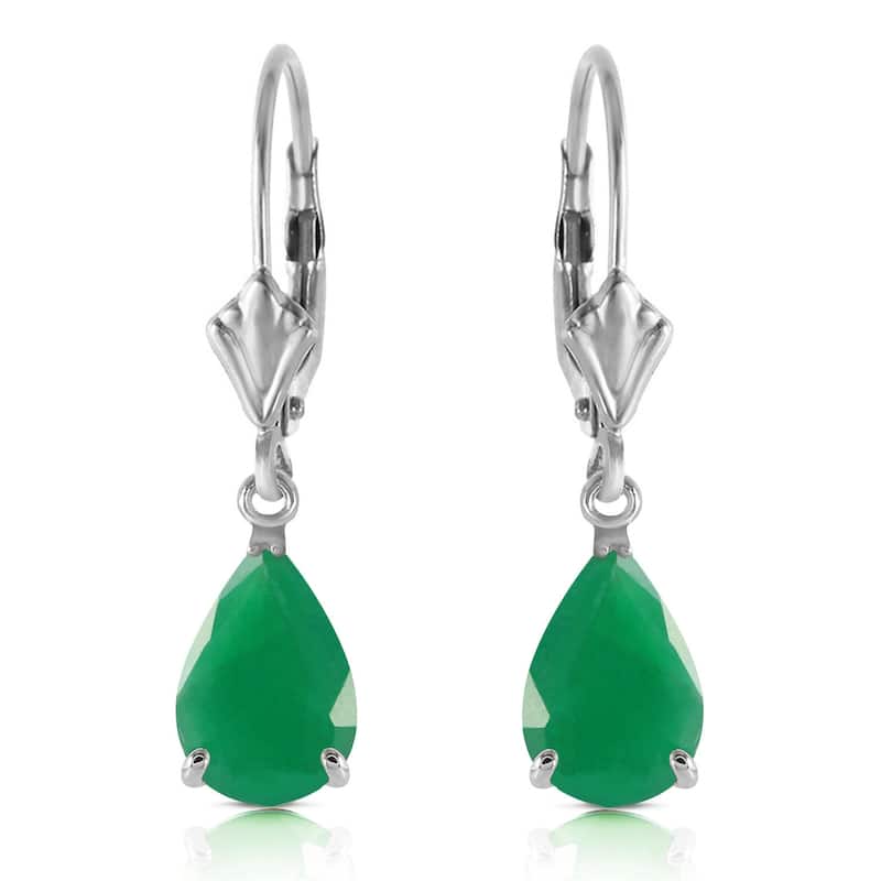 14K Solid Gold Elegant Leverback Earrings Natural Emerald Gemstone - White